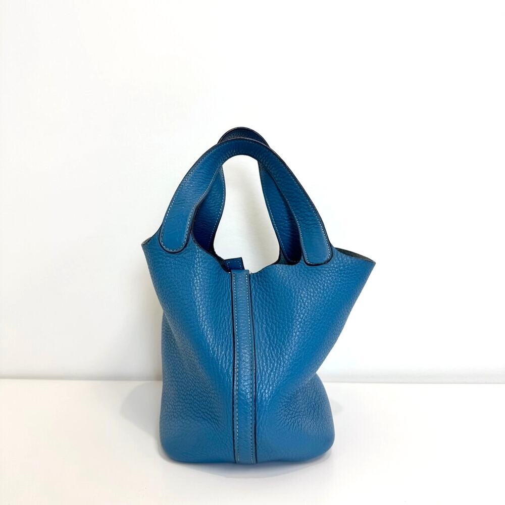 HERMES Vintage Blue Clemence Leather Silver Hardware Picotin Handbag - Picture 2 of 8